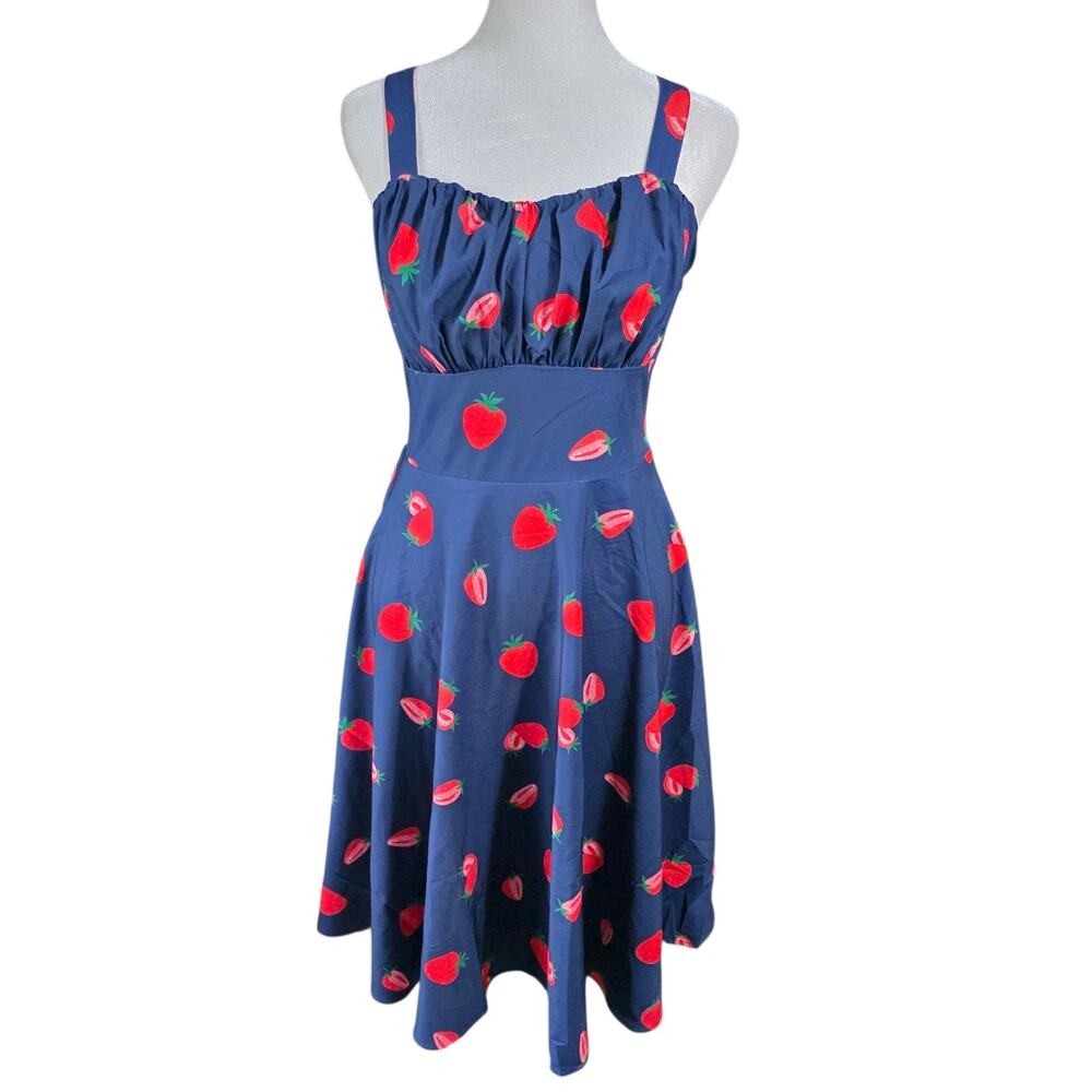 Belle Poque Strawberry Print Dress Small Blue Fit Flare Smocked Sundress